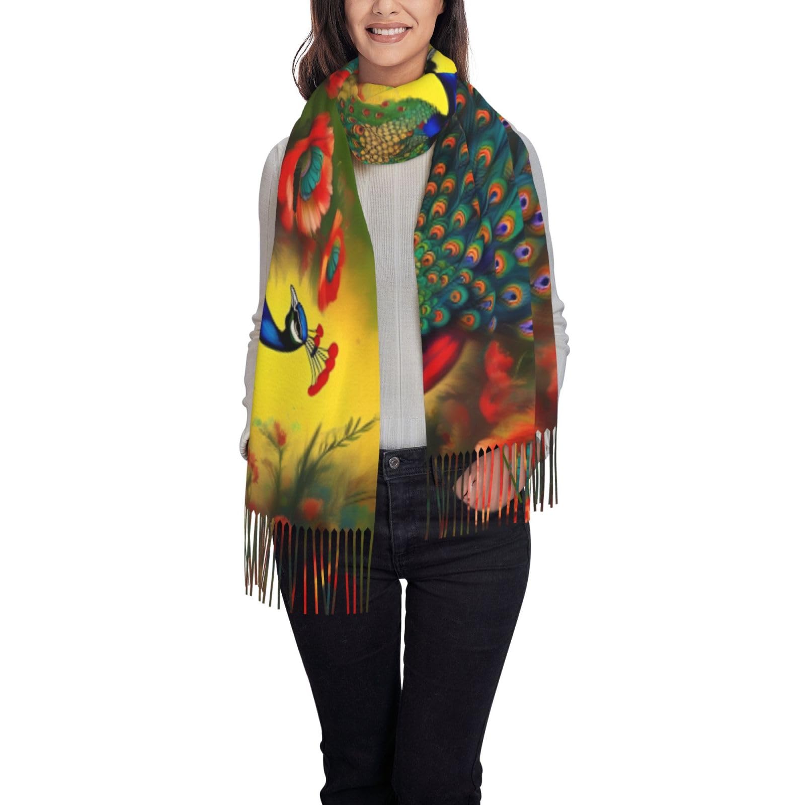wwqqvnb Peacock flowers Faux Cashmere Scarf with Fringe - Oversized Warm Shawl for Women Fashion Design for Fall Winter Gift