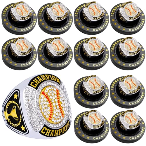 daijbling 12 Pcs Baseball Championship Ring Softball Ring Sport Ball Trophy Award Gift with Display Neck Chain and Stand for Tournament or League Champion Winner (12 pcs Gold Rings Size 11)