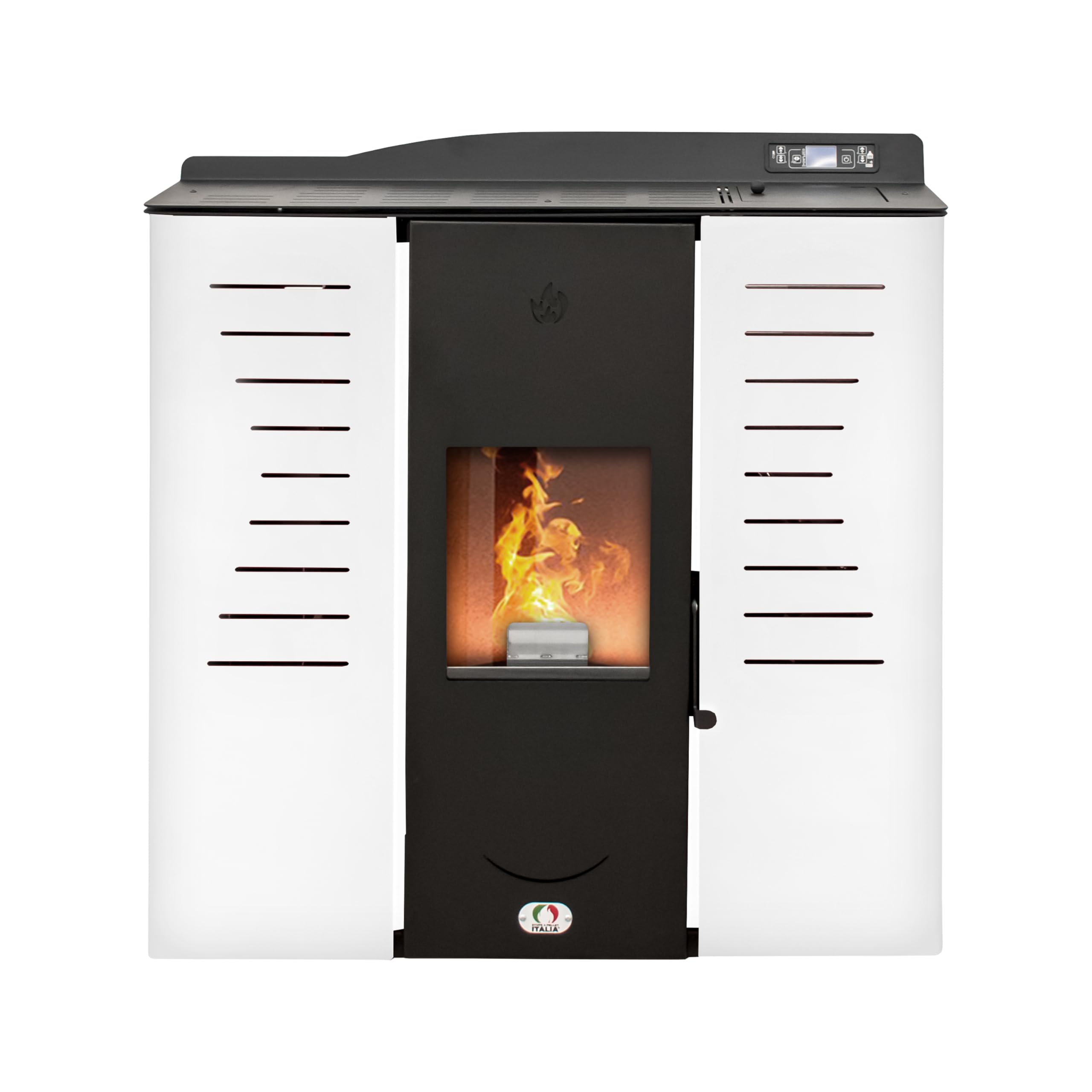 STUFE A PELLET ITALIA Italia 20 KW, 5-gwiazdkowa patelnia na pellet wodorowy, do ogrzewania i ciepłej wody, wydajność ogrzewania 89%, 130 m², czas pracy 16 h, programowalna, 5 mocy, 24 miesiące, biała
