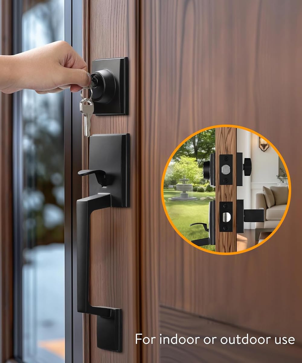 Black Front Door Handle and Deadbolt Set Heavy Duty Front Door Handle,Durable Modern Exterior Door Handles with Deadbolt Reversible for Right & Left Handed with Keys
