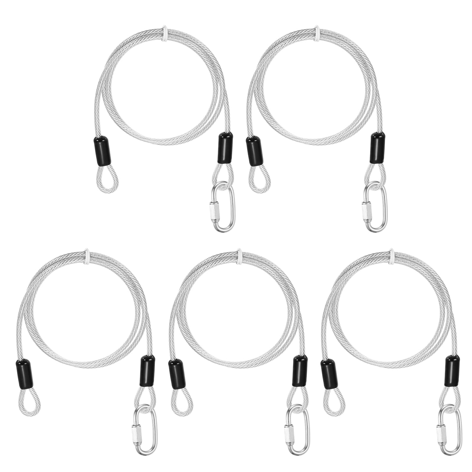 PATIKIL Security Cable Lock (5mm x 1m, 3.3ft, Clear)(5 Set) Vinyl Coated 304 Stainless Steel Double Loop Flexible Wire Rope Safety Cable with Quick Links Locking Connectors