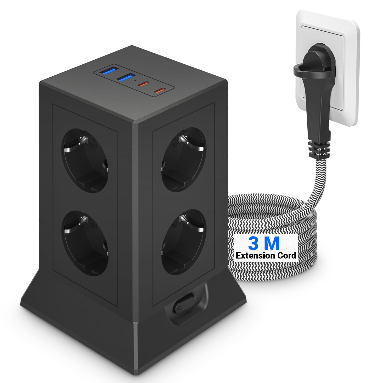 Ciabatta Multipresa con USB C, 8 Prese Torretta Multipresa con 4 USB, Multipresa Verticale Protezione Sovratensione con Interruttore, Multi Presa Elettrica (3M)