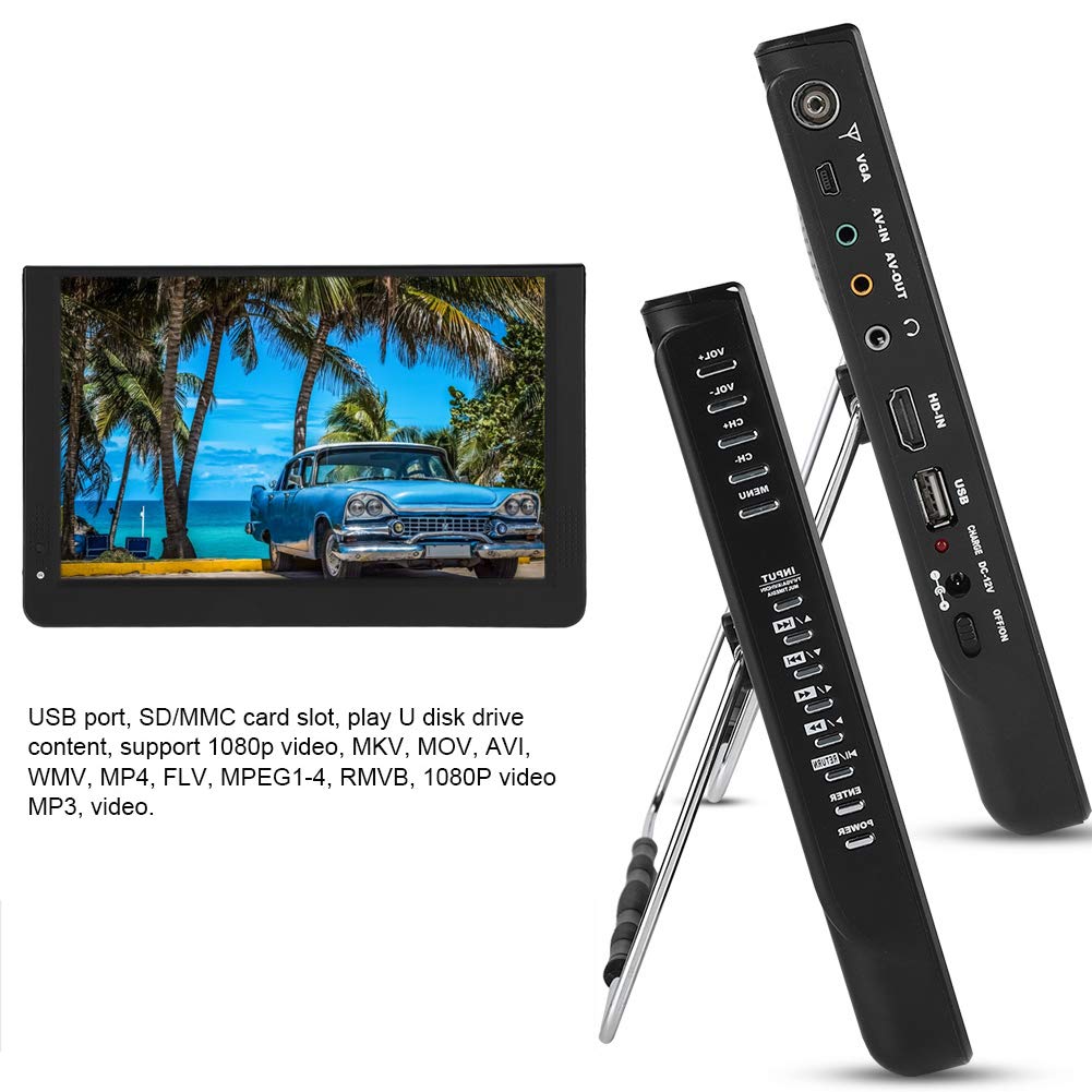 TV Portable 12 Pouces, Télévision Numérique T/T2 1080P 16: 9 avec 2 Haut-Parleurs pour Chambre à Coucher,Cuisine,Caravane,Voiture-Support Antenne/VGA/AV/Casque/HDMI/USB,Carte SD/MMC