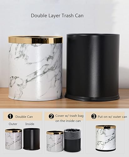 Miniatura 4 de Cubo de basura de metal de lujo de 10 L, parte superior abierta, doble capa, con cubierta de piel sintética, cesta de basura para cocina, baño,