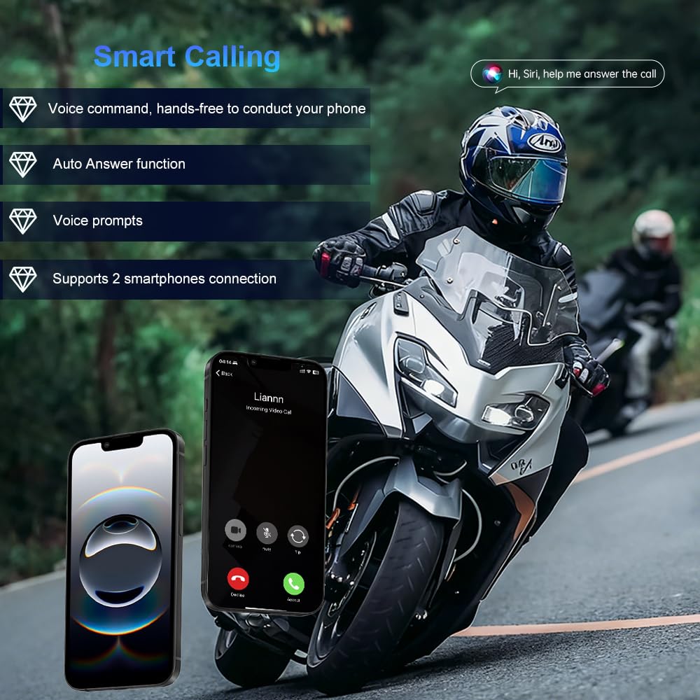 FreedConn KY V2 Casco Moto Bluetooth 6.0 Auricolare, Dual-Channel Mix, Condivisione Musica, 500m 2-Way Moto Interfono, Riduzione del Rumore Intelligente, Doppia Connessione Telefono, Assistente Vocale