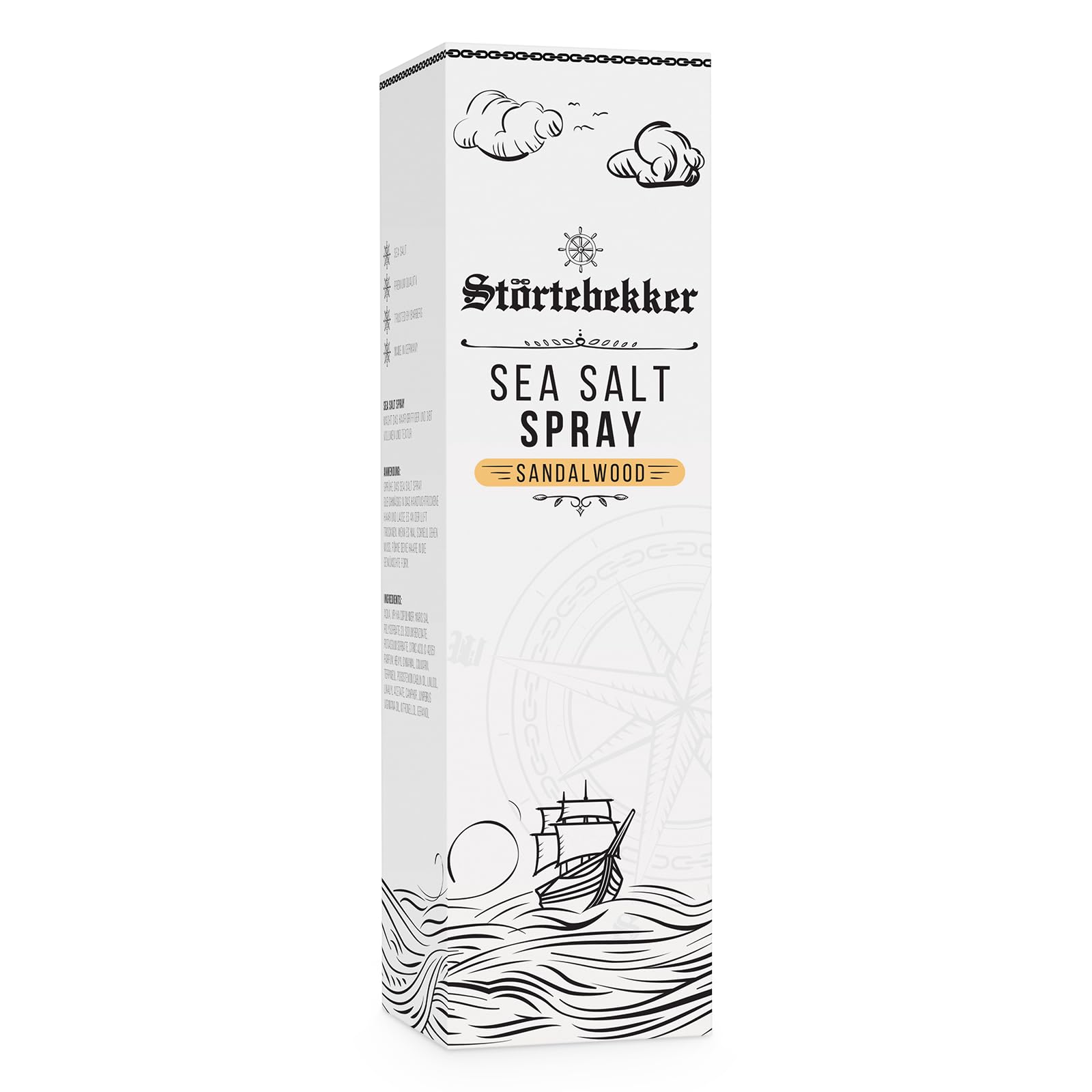 Störtebekker Premium Sea Salt Spray z drewna sandałowego – spray ze słoną wodą z naturalną solą morską dla objętości, połysku i elastycznego trzymania – wegański, bez silikonów i parabenów (200 ml