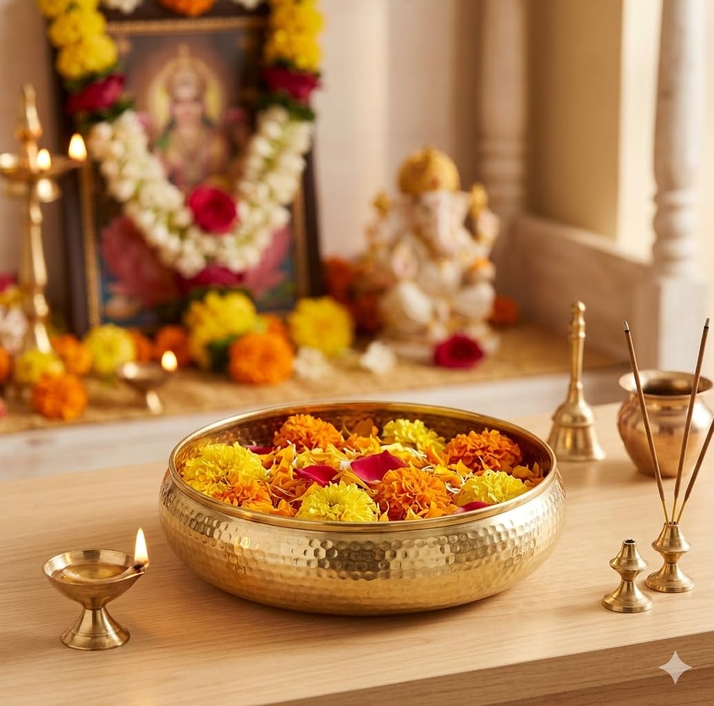 Hammered Traditional Potpourri Bowl Decorative Urli Bowl for Floating Flowers and Tea Light Candles | Diwali Decoration Items for Home | Metallic Gold |Size 12 Inch|-image-12