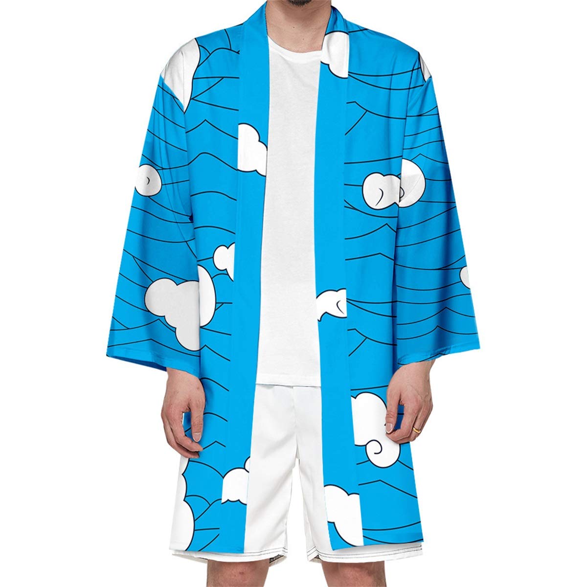 Seidarise Men's Haori, Long Kimono Cardigan Jacket Japanese Style Flying Crane Seven Sleeves Open Front Coat, D-skyblue, L