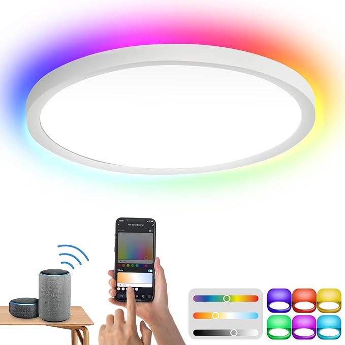 Sonnewelt RGB-plafondlamp, Alexa smart led-plafondlamp, dimbaar, 24 W, app-bediening, kleurverandering, woonkamerlamp, bluetooth, voor slaapkamer, woonkamer, badkamer, keuken, kinderkamer, dimmer lamp
