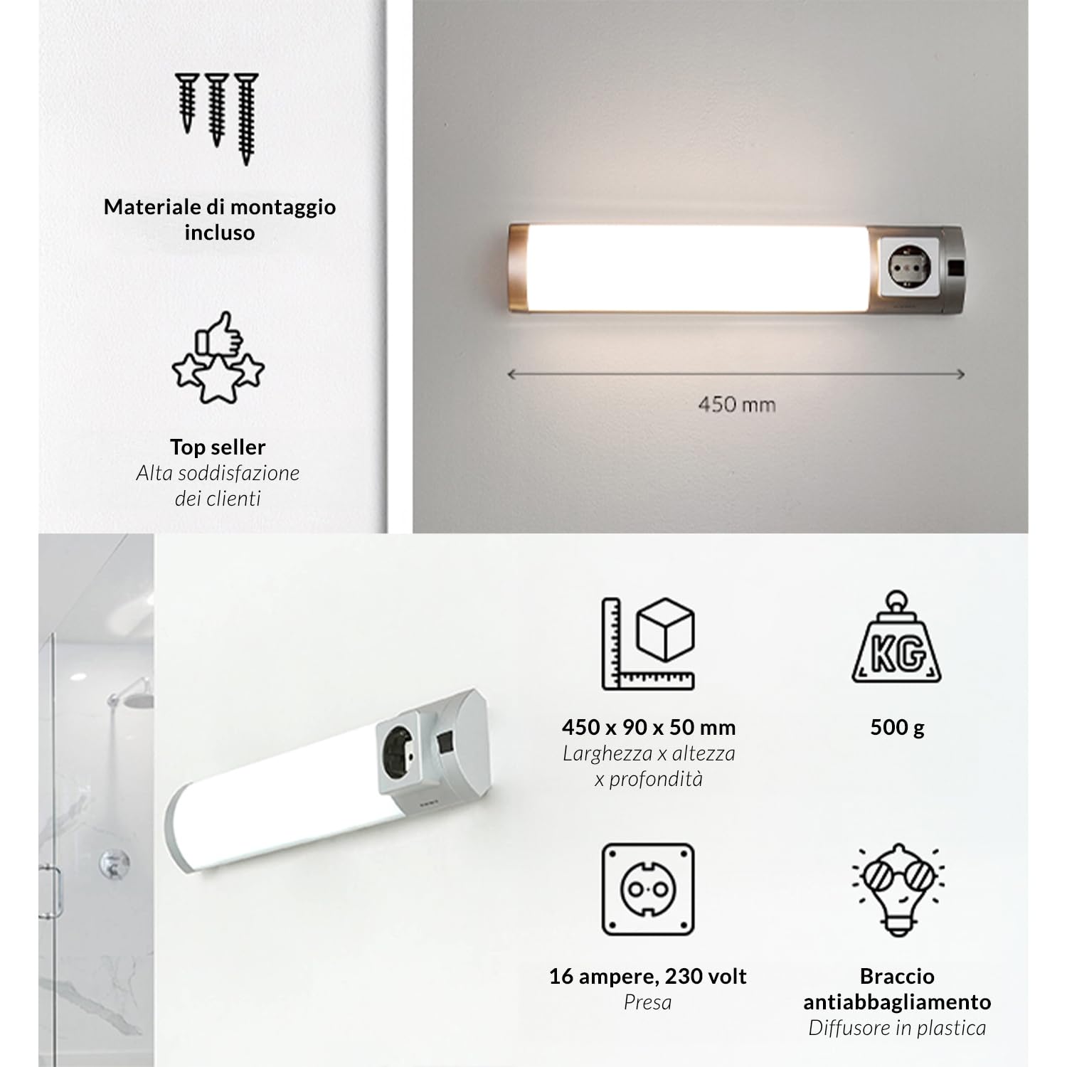 Lampada sottopensile cucina Lampada da prete con presa di corrente color argento bianco Luce LED 5 W integrata con luce calda L:45 cm per cucina bagno