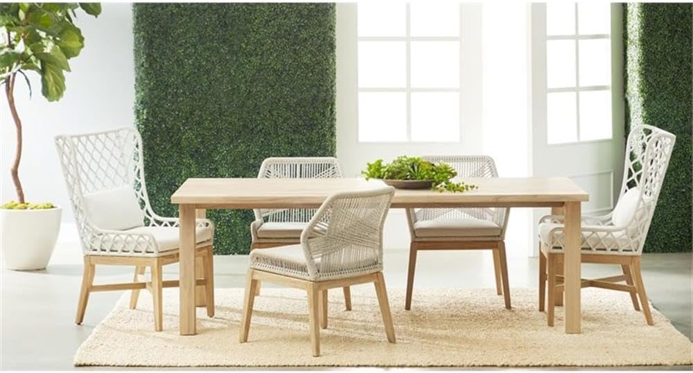 Pemberly Row 19" Rope Weave Outdoor Dining Chairs, Gray Teak Frame, Taupe & White Polyolefin Rope, Performance Pumice Cushions, Set of 2, Coastal Style, Patio or Backyard Seating