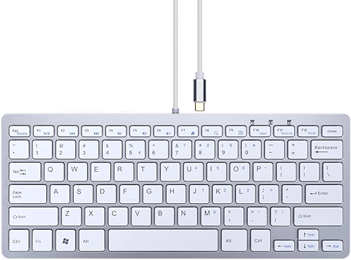 Teclado MCSaite pequeno USB C – Teclado com fio compatível com Plug & Play para Mac mini, MacBook Pro/Air, iMac, iPad, Windows, Chromebook com porta USBC – Compacto e Mini USB Tipo C – Prata