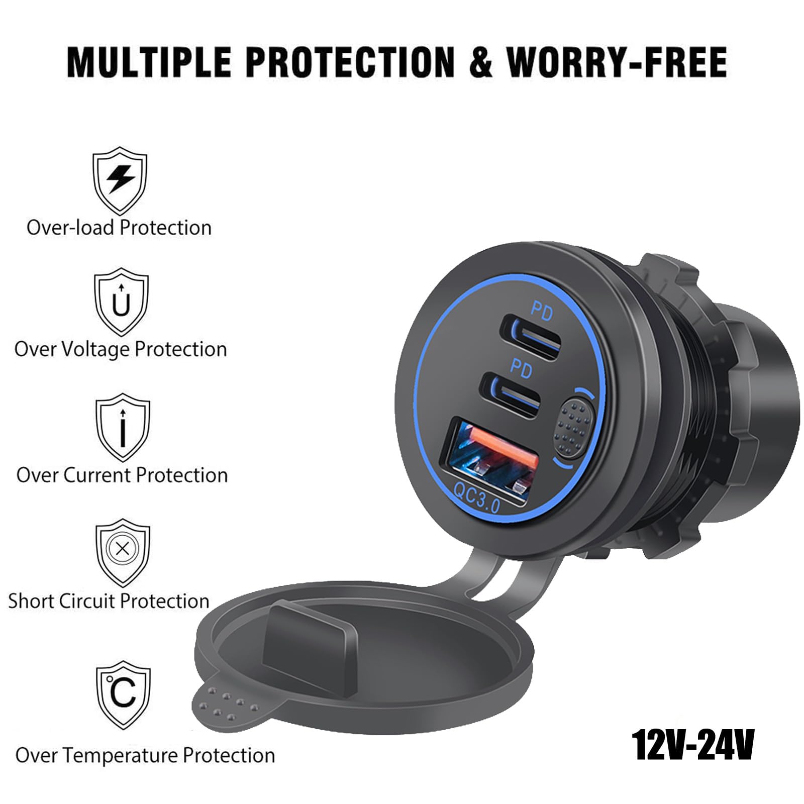 Prise USB 12 V, 75 W, PD et QC3.0 pour Moto, 12-24 V Prise USB étanche Encastrable avec Interrupteur et lumière LED Bleue, pour Voitures, Bateaux, Camions, Caravanes, Motos(2 Pièces)