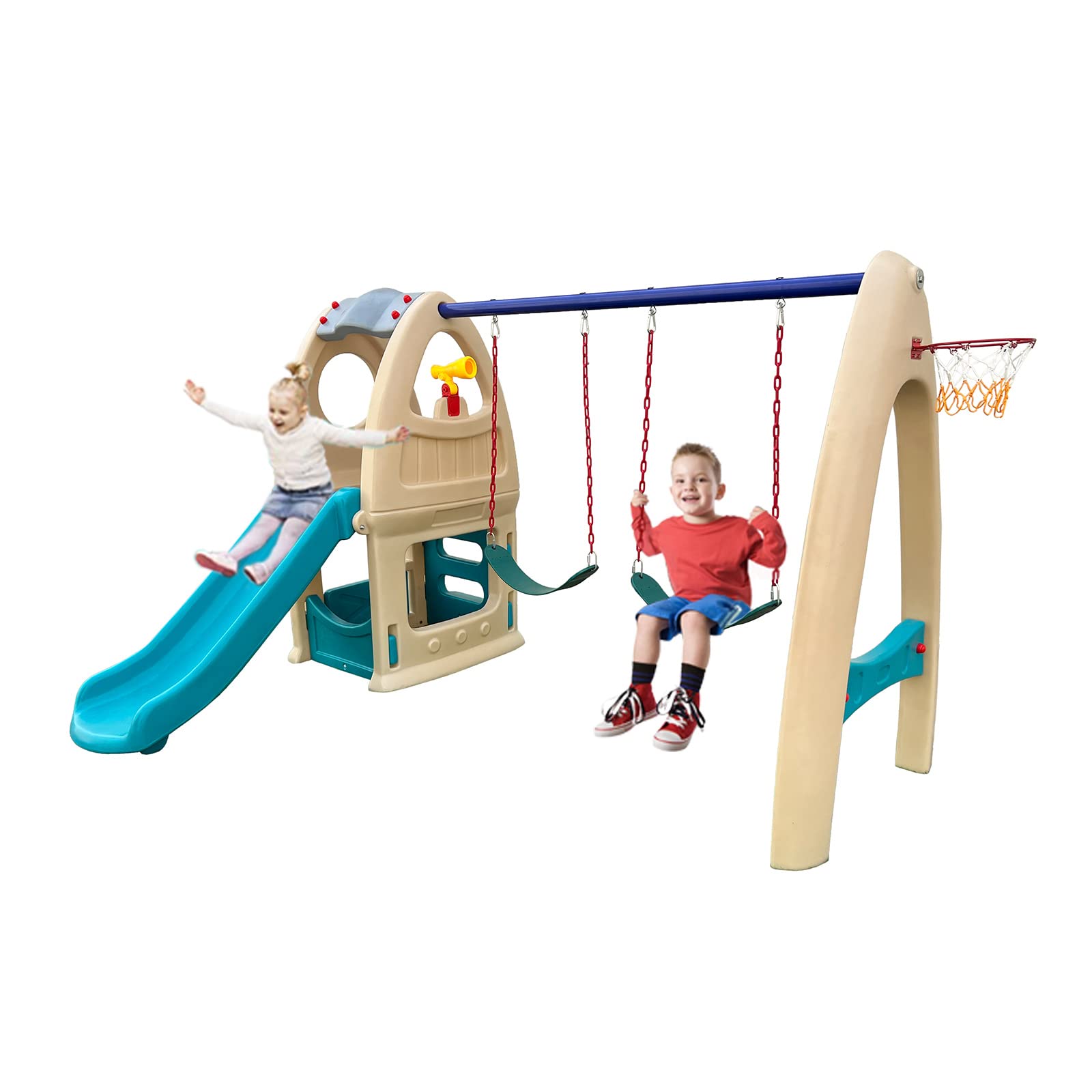 X IANGYU Indoor Outdoor Playground Toys Set With House&Slide And Two Swings For Kids Activity.Multi Color Playground Toy sizeï¼š260*276*190 cm