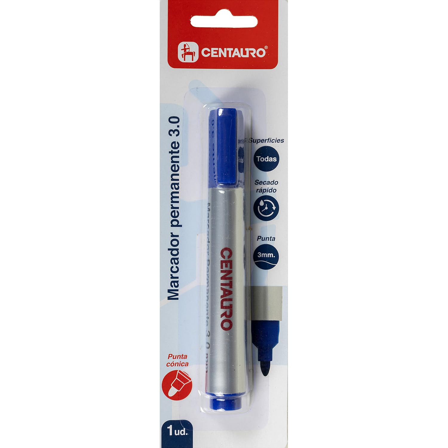 Centauro - Rotulador Permanente Azul, 3mm, Punta Cónica, Secado Rápido, Tinta con Base Aceite, Apto Todo Tipo de Superficies, Metal, Cristal, Estaño, Plastico, Film Fotográfico, Madera, Papel y Cartón