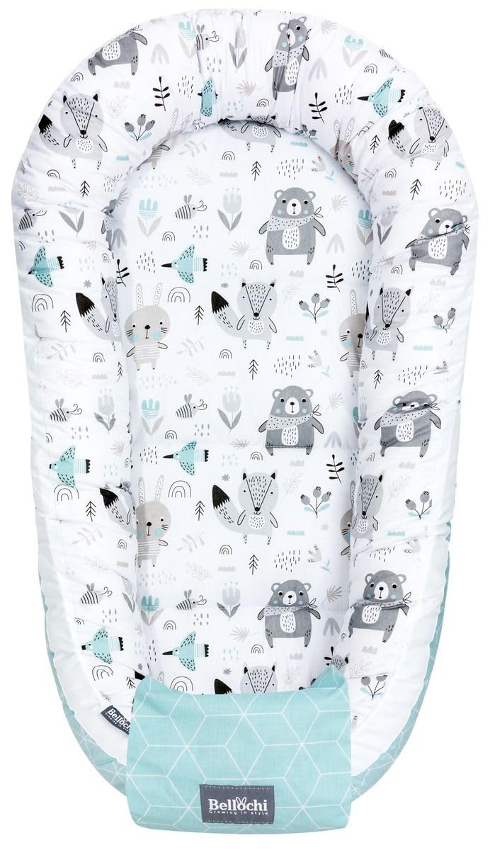 5-delige PALULLI Premium knuffelnestset incl. babynest 90 x 50 uitneembare inzetstukken knuffeldeken nekkussen plat kussen voor baby's, 100% katoen Öko-Tex Stars grijs
