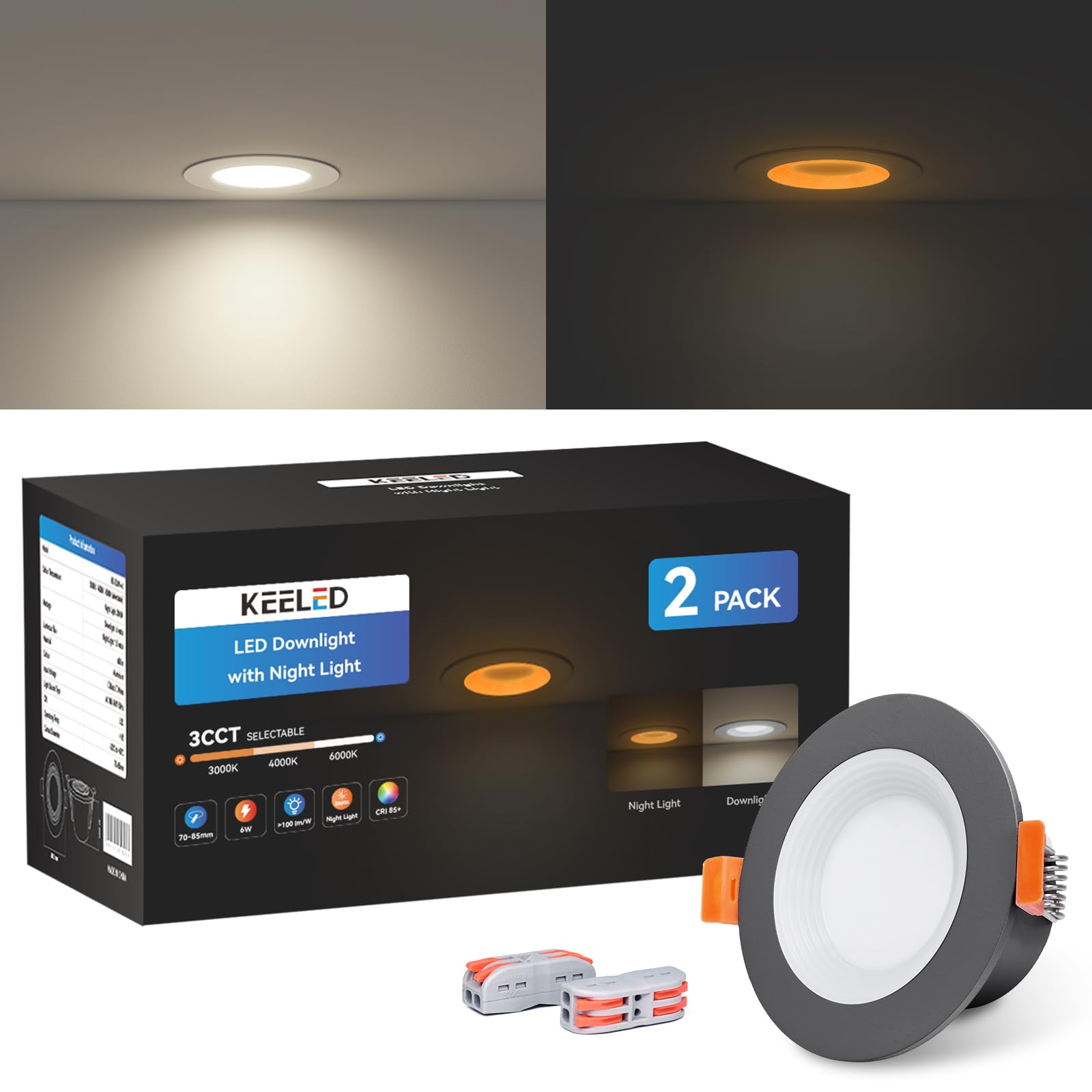 Keeled LED Black Downlight with Night Light, Recessed Lighting, 230V, 6W, 3CCT 3000K/4000K/6000K Selectable, 70-85mm Cutout, 2-Pack
