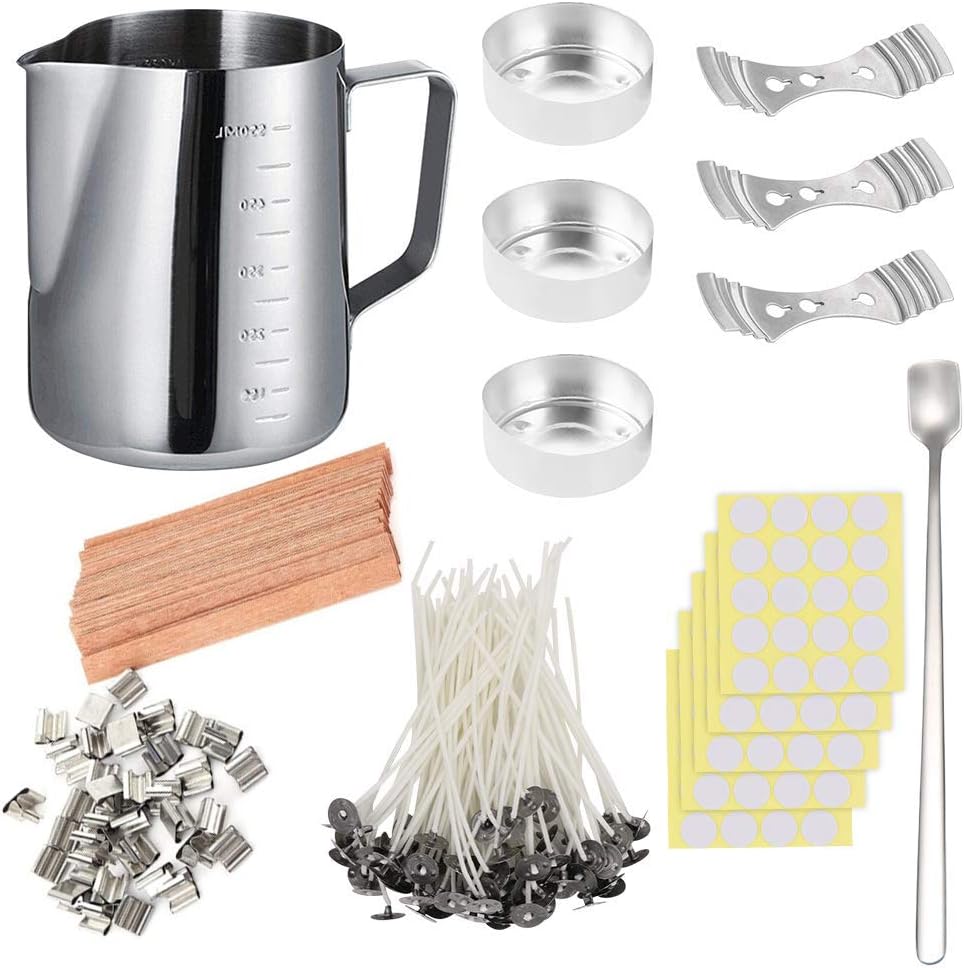 DIY Candle Making Set, 600ml Pouring Pot with Scale+100pcs Candle Wicks+20pcs Wood Natural Candle Wicks with Metal Stands+100pcs Sticker+3pcs 3-Hole Holder+Stirring Spoon+3pcs Aluminum Mold, Low Smoke