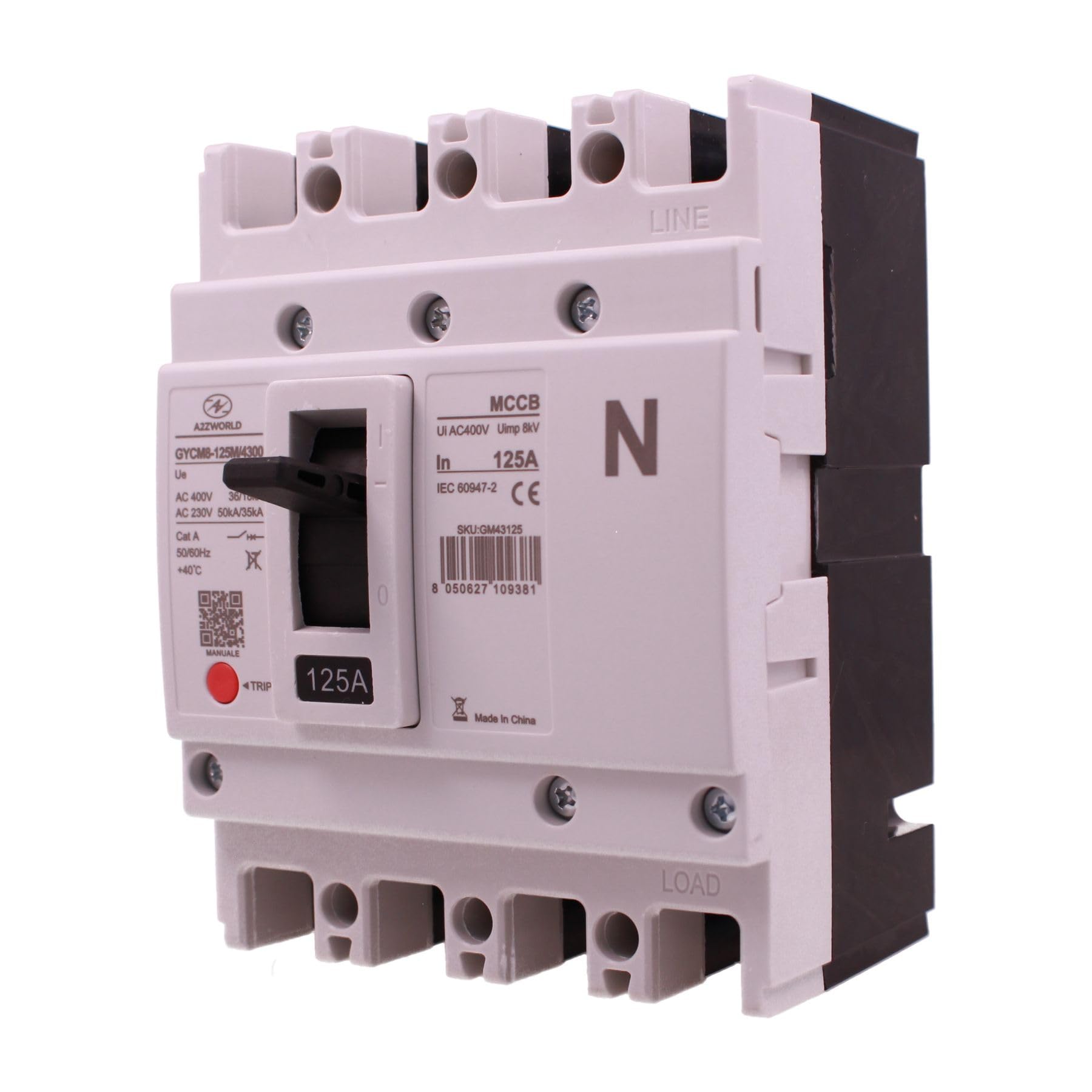 Interruptor en caja MCCB 125 A 4 polos 3P + N, magnetotérmico industrial trifásico, Icu/Ics 36kA/18kA, Ui AC400V, Uimp 8kV, Cat A, IEC 60947-2, botón TRIP, para cuadros eléctricos, serie GYCM8