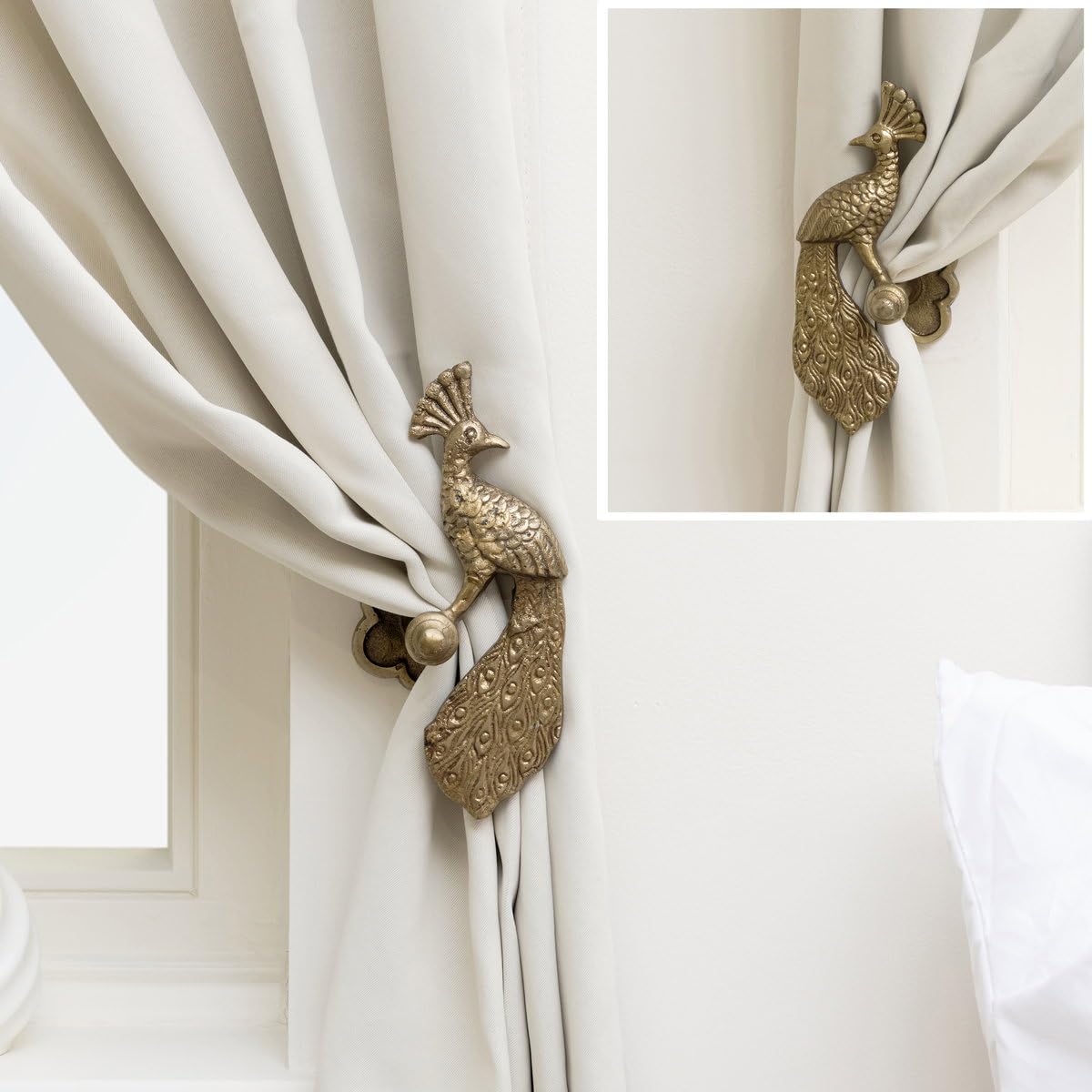 Melody Maison Unisex Gold Set Of 2 Antique Brass Metal Peacock Curtain Tie Backs