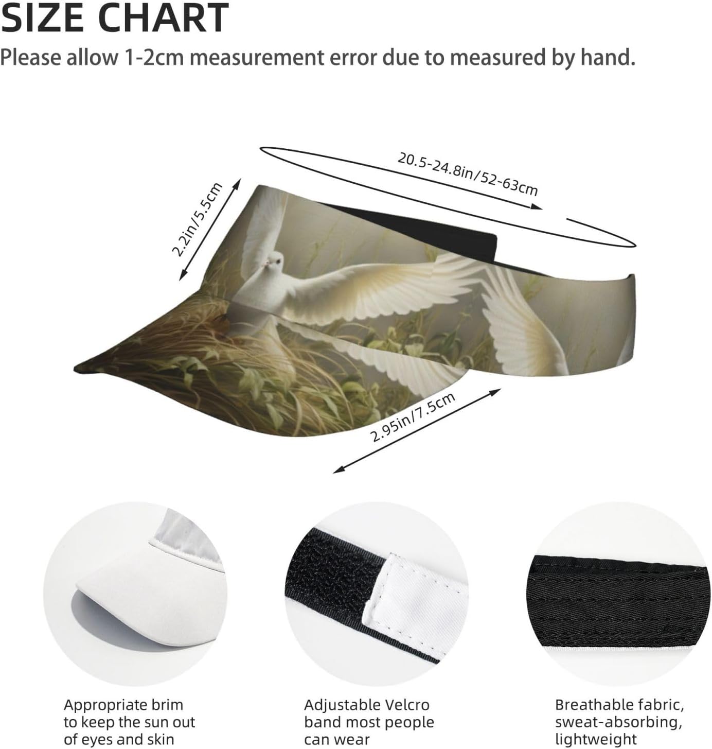 Grass and Dove Print Foldable Sun Visor Hat Lightweight Adjustable Sun Visor Hat Outdoor Sports Cap for Adults Black
