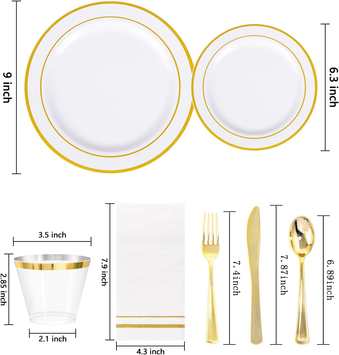 GATHER 350PCS Gold Plastic Plates - White and Gold Disposable Plastic Dinnerware Set Include 50 Dinner Plates, 50 Dessert Plate, 150 Silverware, 50 Napkins, 50 Cups for Party & Wedding - Image 2