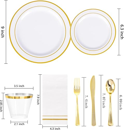 Miniatura 2 de GATHER El juego de vajilla desechable de plástico dorado de 350 piezas incluye 50 platos llanos de 9 pulgadas, 50 platos de ensalada de 6.3