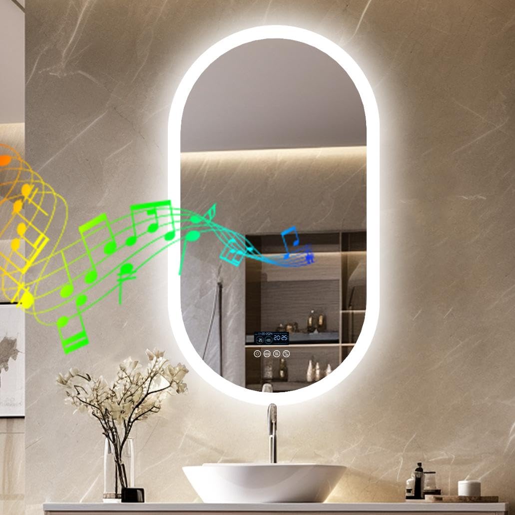 LUVODI Espejo Baño con Luz Led Ovalado 80 x 50 cm con Bluetooth Espejos de Baño Antivaho con Pantalla Digital y Luz Retroiluminado Regulable Espejo Moderno Inteligente con Altavoz y Enchufe Hora