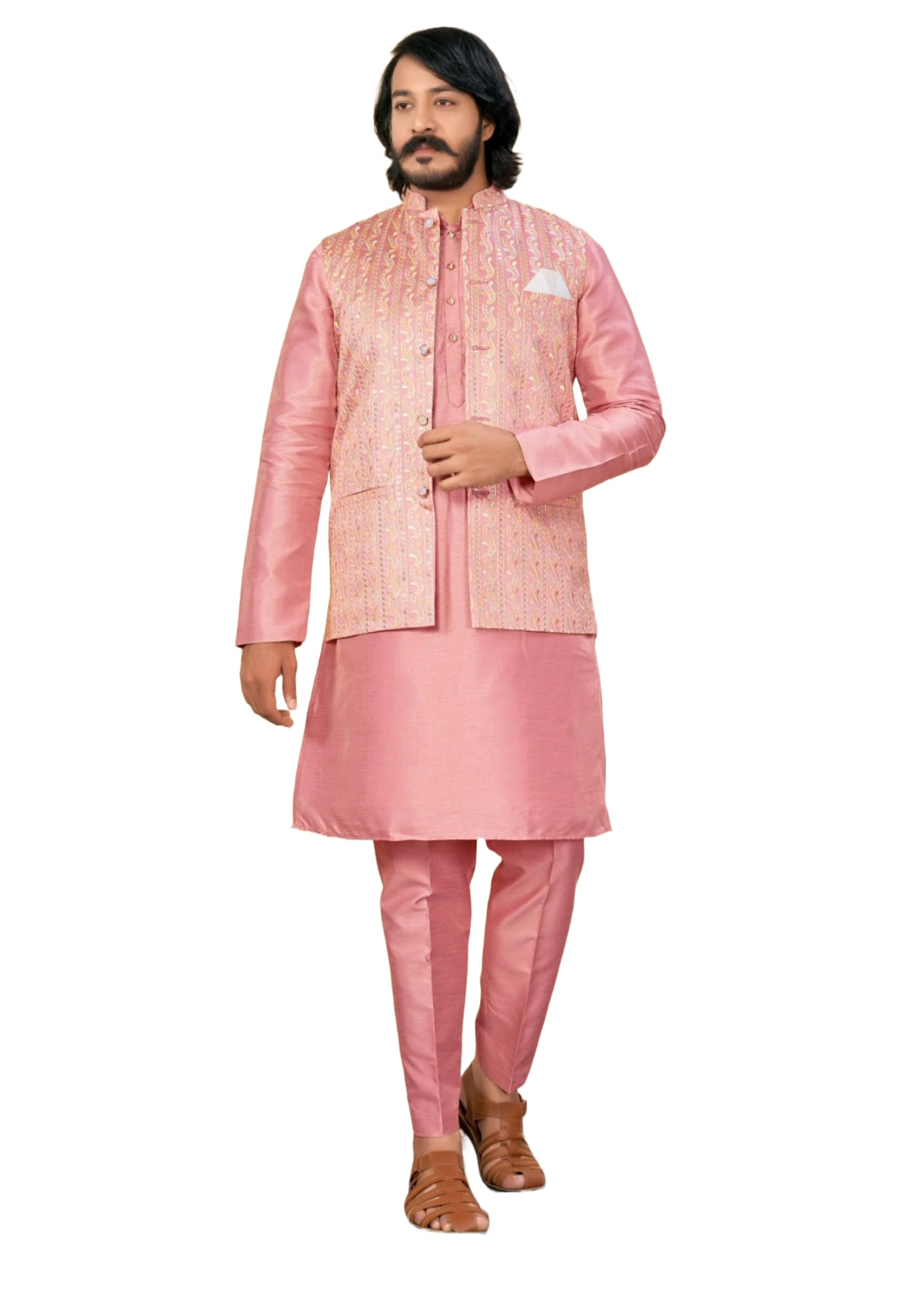 ETHNIC EMPORIUM Indian Festival Wear Art Silk Printed Men's Kurta Pajama Designer Waistcoat 2653