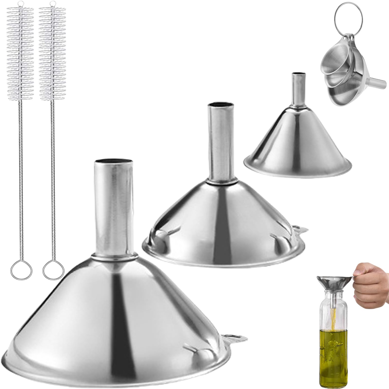 5 PCS Kitchen Funnel Set - Multi-use Food Grade Funnels With Handle, 3 Piece Set With 2 Cleaning Brushes for Filling Bottles, Liquid, Spices, Powder, Oils