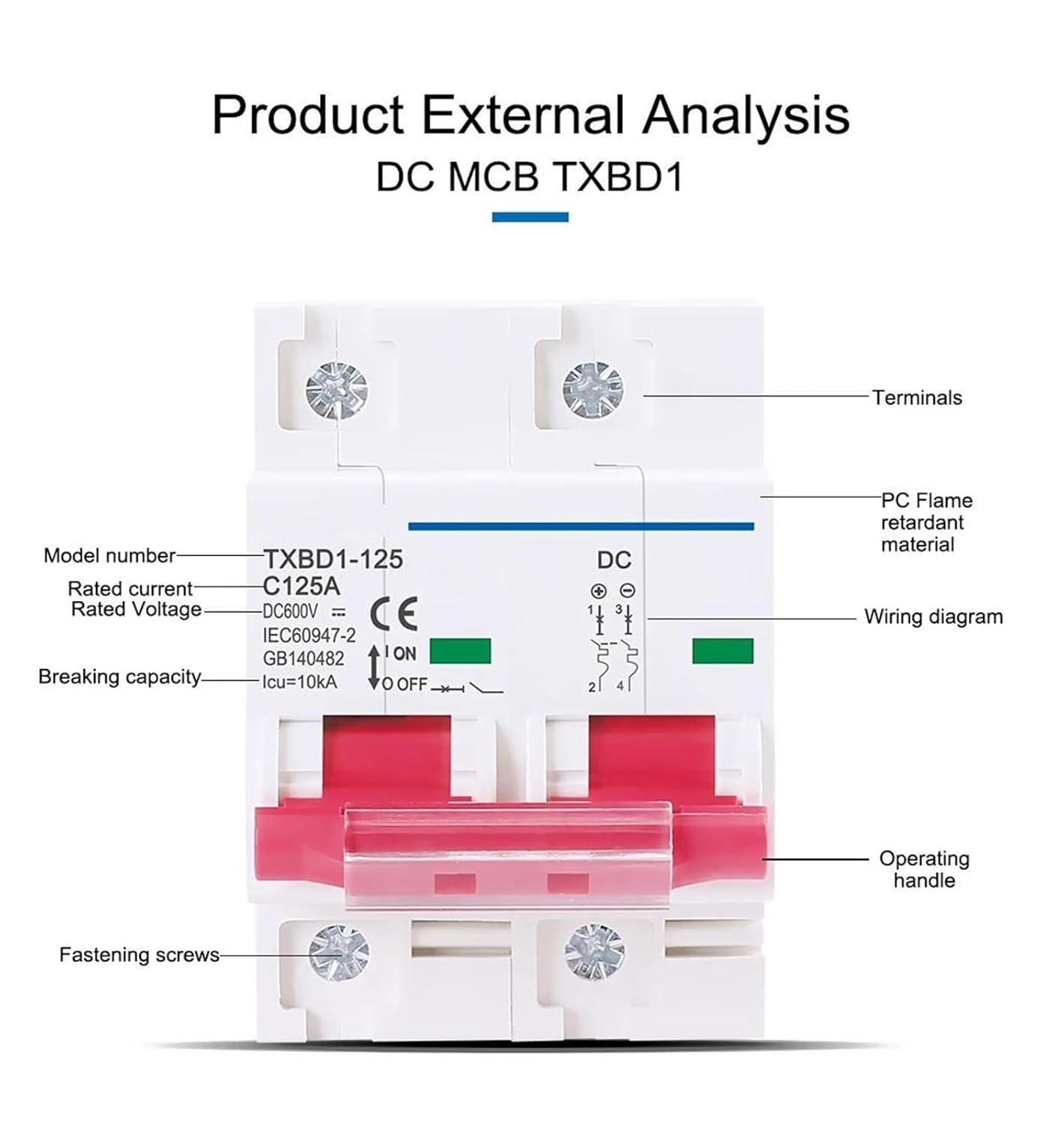 2P DC 600V ソーラーミニサーキットブレーカー バッテリースイッチ 125A 100A DC MCB 太陽光発電PVシステム