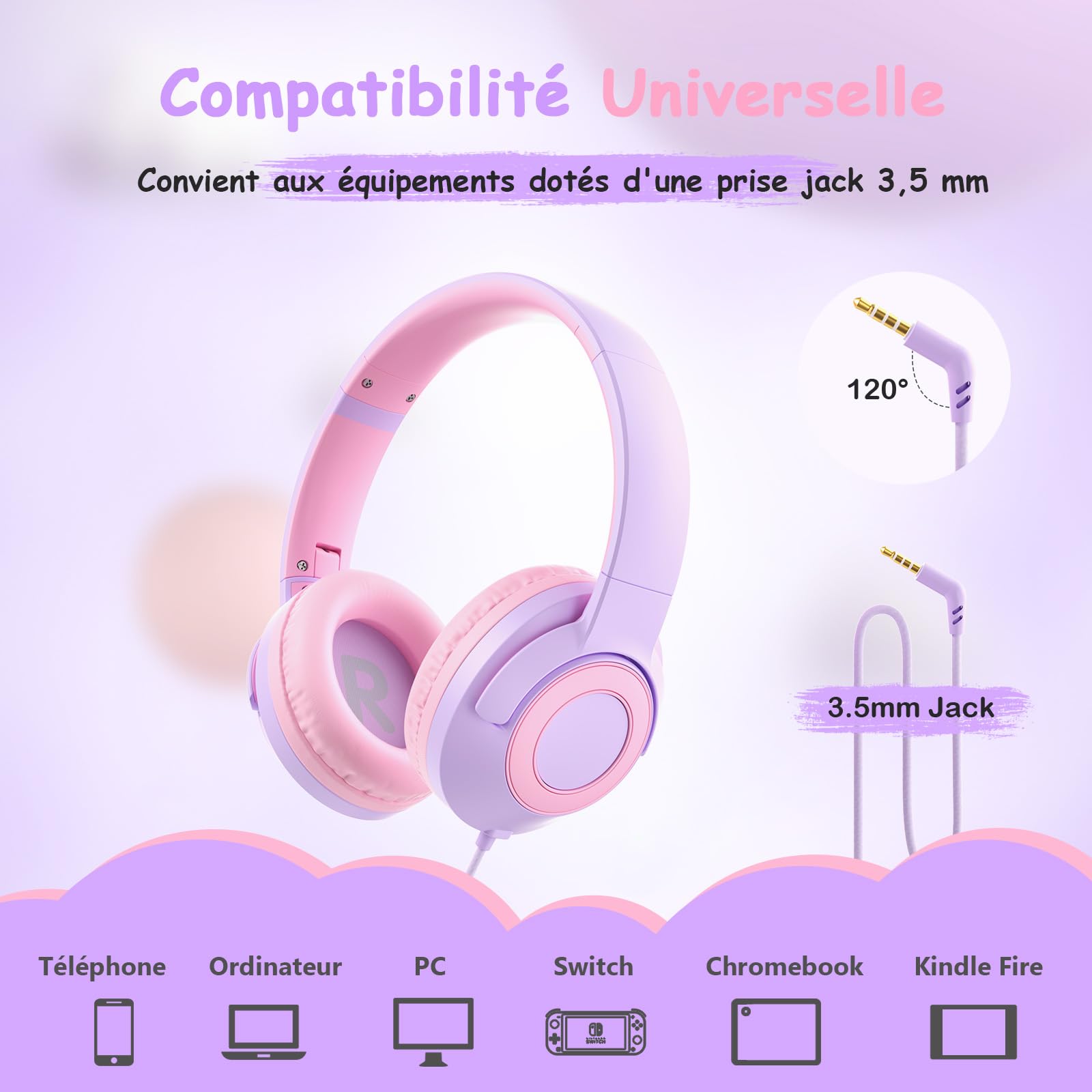 TONOSHARK Casque Audio Enfant Filaire avec Microphone, Volume Limité à 85/94 DB, Casque Prise Jack Enfant, Ecouteurs Filaire, Pliable, pour Ecole/Maison/Voyage – étui Inclus (Violette)