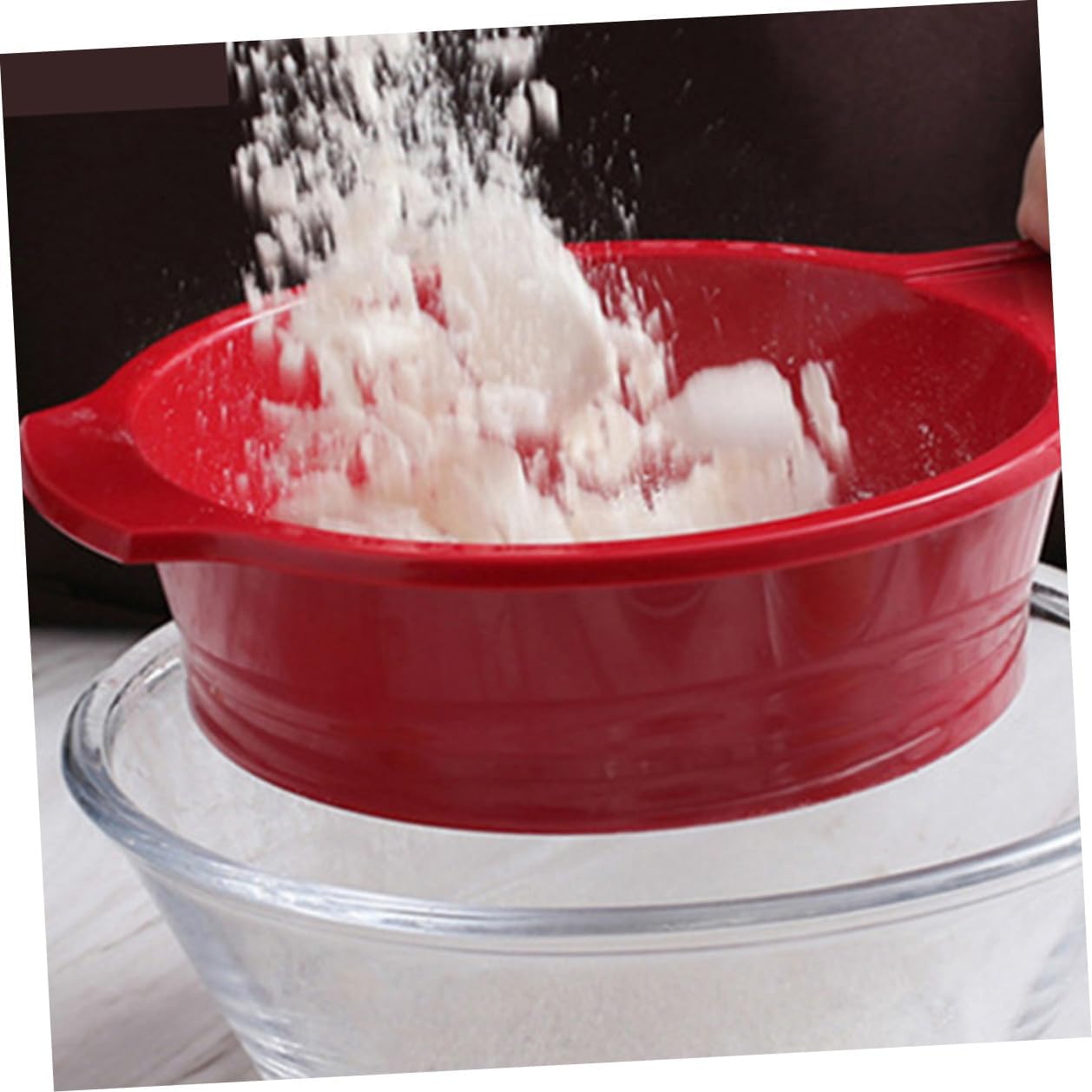 Large Kitchen Flour Sifter with Handle Rust-resistant Lightweight Powder Strainer for Baking Bread Pizza Dough Cake Multipurpose Sieve for Home and Restaurant Red and White Design