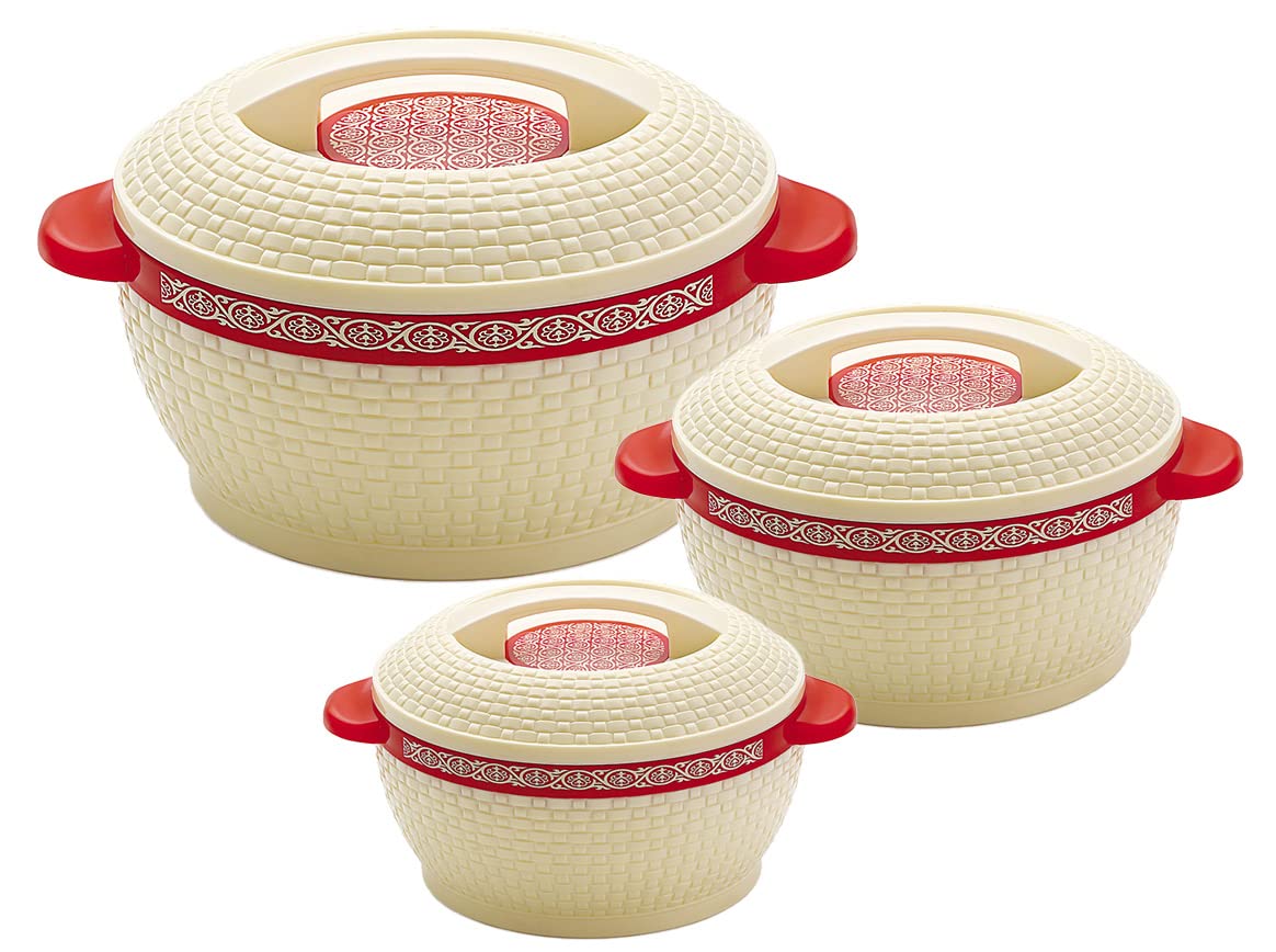 Rishabh Insulated Hot pot Casserole Hot & Cool Food Serving Dish with Lid, Double Wall. Stainless Steel Inside Set of 3 (Size 1500,2000, & 2500ml) (Cream/Red Strip)