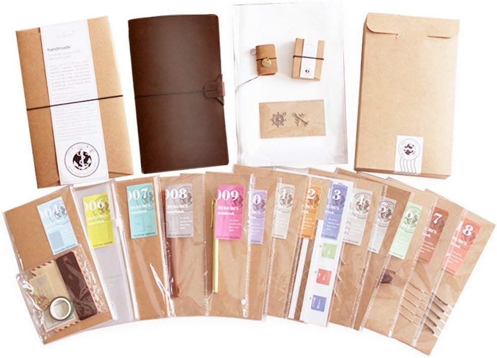 XYTMY Leather Handmade Journal Travelers Notebook - 8.5 x 4.5 with 4 Inserts Creative Accessories Over 30 Pcs - Perfect for Men and Women