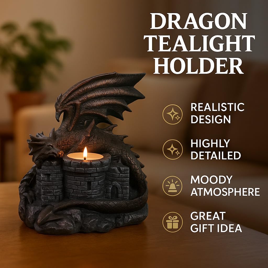 XXL Tea Light Holder Dragon Castle - Dragon Guard Figure Gothic - Fantasy Decoration - Candle Holder Medieval Sculpture Gift - 18 x 19 x 15 cm Polyresin