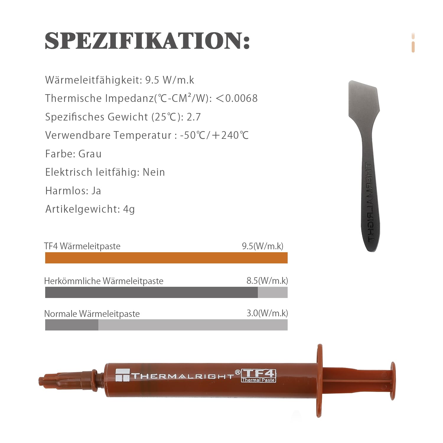 Thermalright TF4 4g Pasta Termica Compound per Raffreddatori, Pasta per Dissipatori di Calore ad Alta Durata 9.5W/m.k-4 Grammi, con Uno Strumento a spatola(TF4 4g)