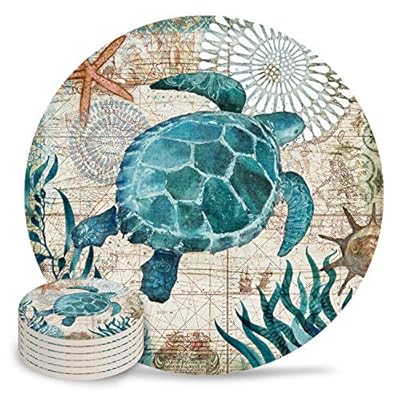 Drink Coasters Sea Turtle Ocean Animal Absorbent Stone Ceramic Coaster with Cork Back and NO Holder for Cups, Set of (6…