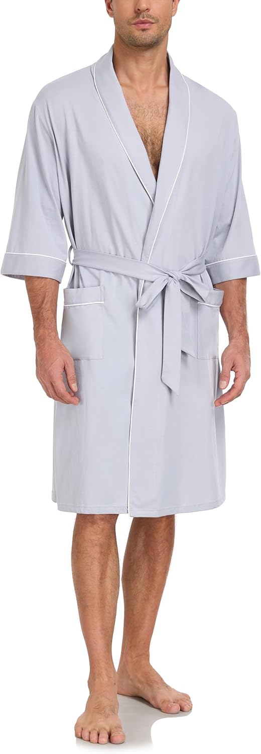 COLORFULLEAF 100% Cotton Men's Bathrobes Lightweight Breathable Short Sleeve Kimono Spa Robe with pockets - Image 7