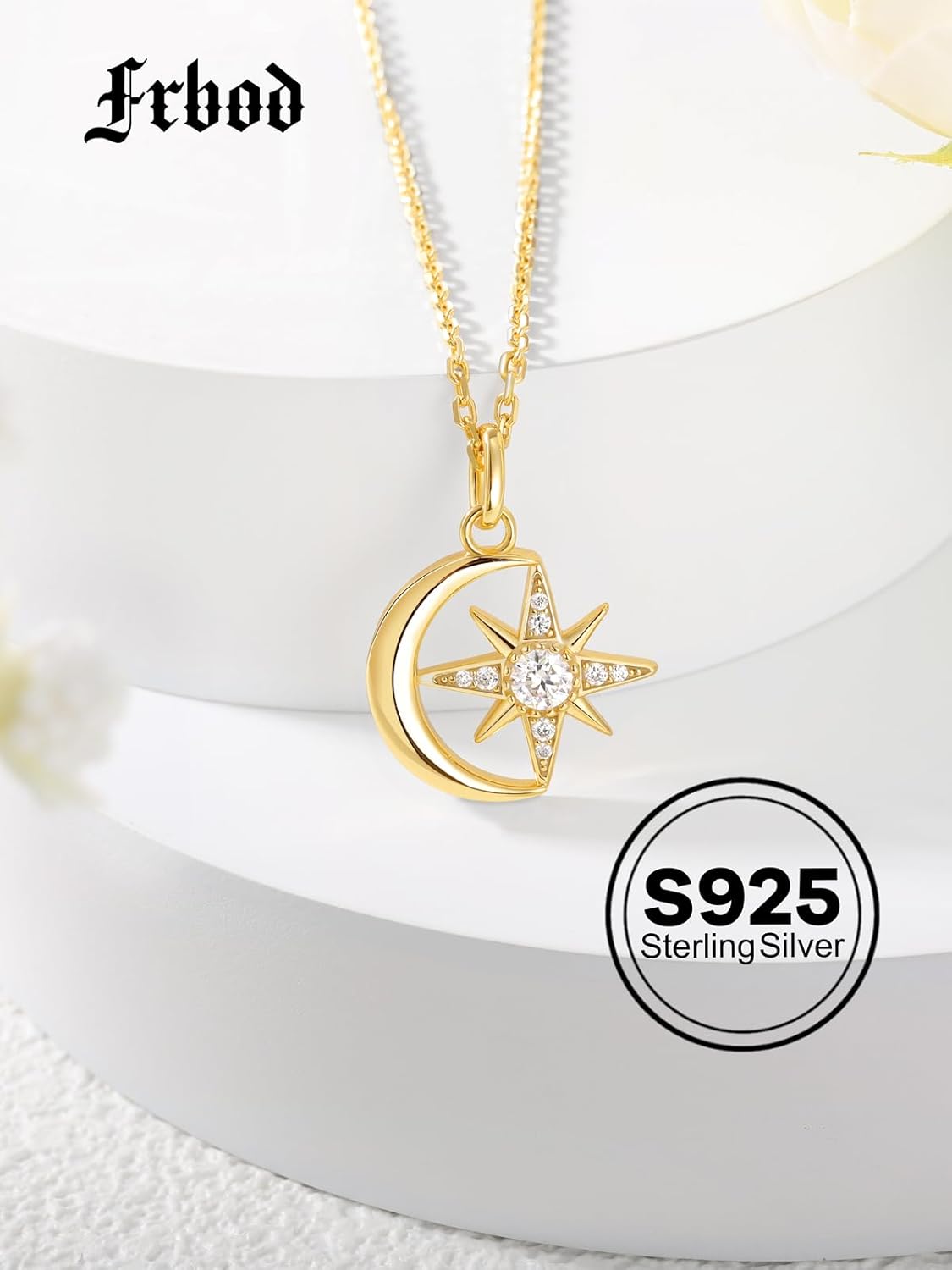 Color-D VVS1 Clarity Moissanite Star and Moon Necklace, 925 Sterling Silver Moonl Pendant with White Gold Plated, Birthday Christmas Valentine's Day Jewelry for Her