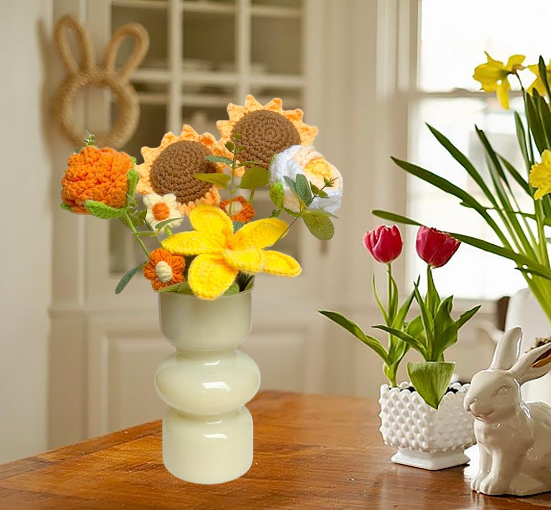 Finished Crochet Flower Bouquet 8pcs Handmade Knitted Flowers Wrapped Artificial Flowers Bouquets for Mother's Day Valentine's Day Birthday Anniversary Graduation Gifts (Yellow)