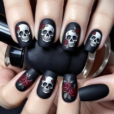 Halloween Press on Nails Short Square Fake Nails with Rose Skull Design Black Matte Glue on Nail Full Cover Reusable Black Glossy Acrylic Halloween False Nails for Women Manicure 24Pcs