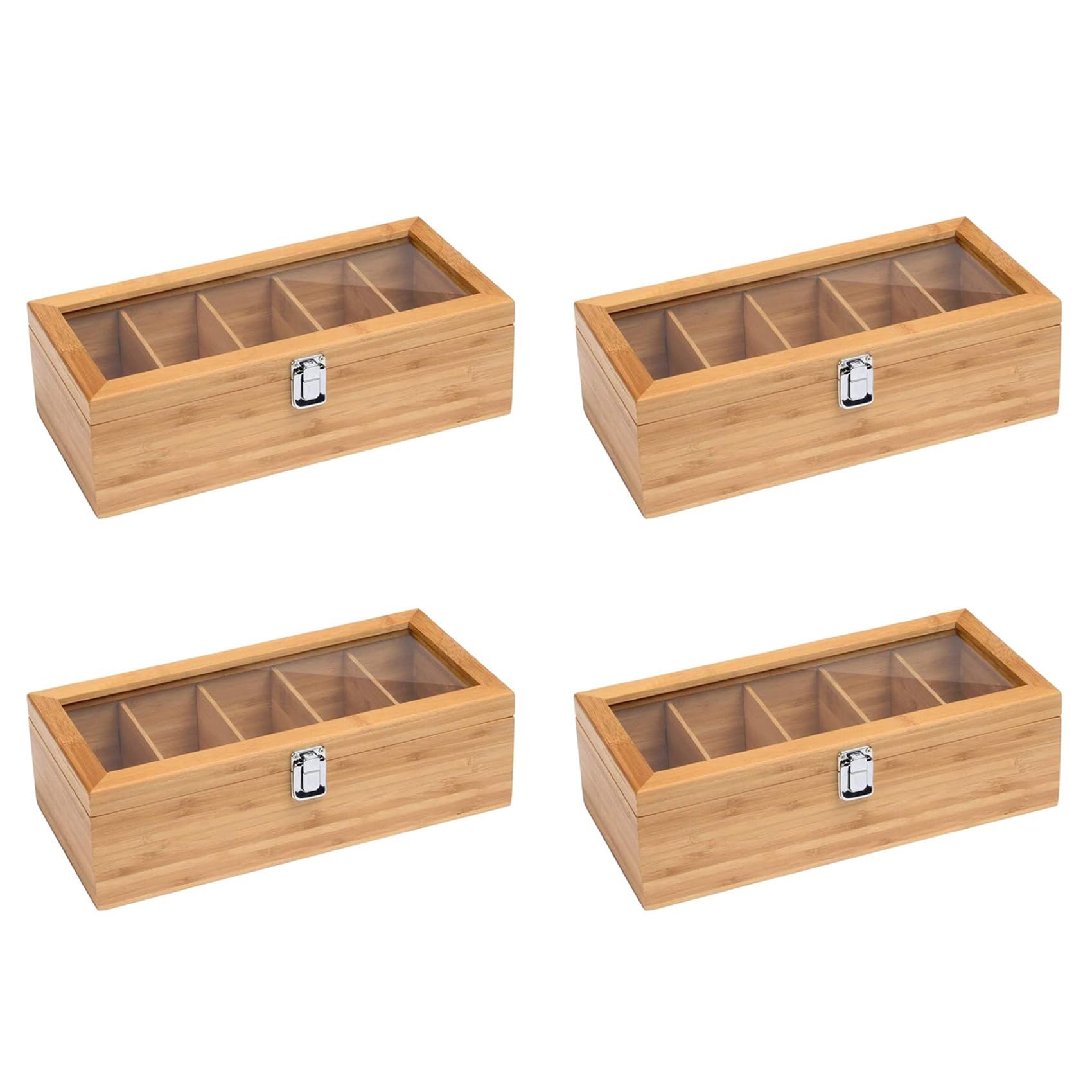 Vjsujehgy 4X Multifunctional Bamboo System Tea Bag Jewelry Organizer Storage Box 5 Compartments Tea Box Organizer Sugar Container