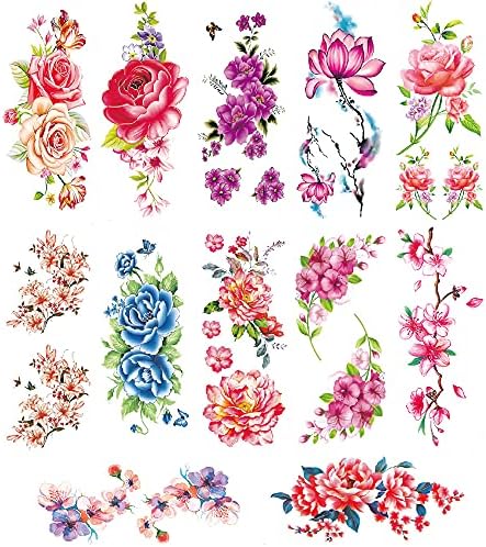 Flower Temporary Tattoos for Women Adults Color Rose Floral Body Tattoo Stickers Large Sexy Realistic Fake Tattoo Waterproof Arm Leg Chest Back Temp Tattoo Paper 12 Sheets