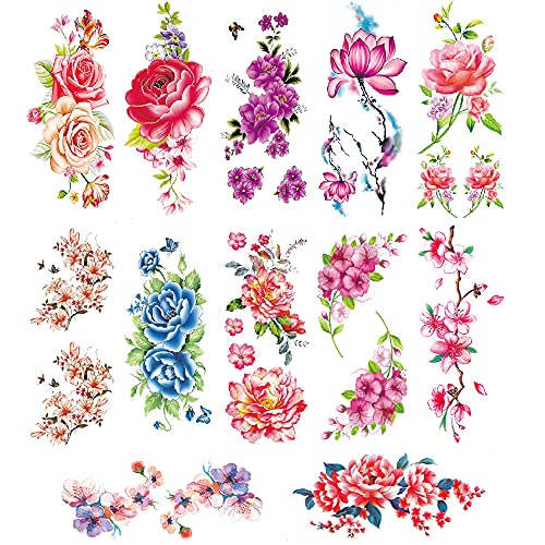 Flower Temporary Tattoos For Women Adults Color Rose Floral Body Tattoo Stickers Large Sexy Realistic Fake Tattoo Waterproof Arm Leg Chest Back Temp Tattoo Paper 12 Sheets #TOP3