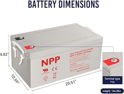 NPP NPG12-250Ah (4 Pcs) 12V 250Ah 8D Rechargeable AGM Gel Deep Cycle Battery with Button Style Terminals for Off Grid Solar System, Wind, RV, Marine, Boat, Golf Cart