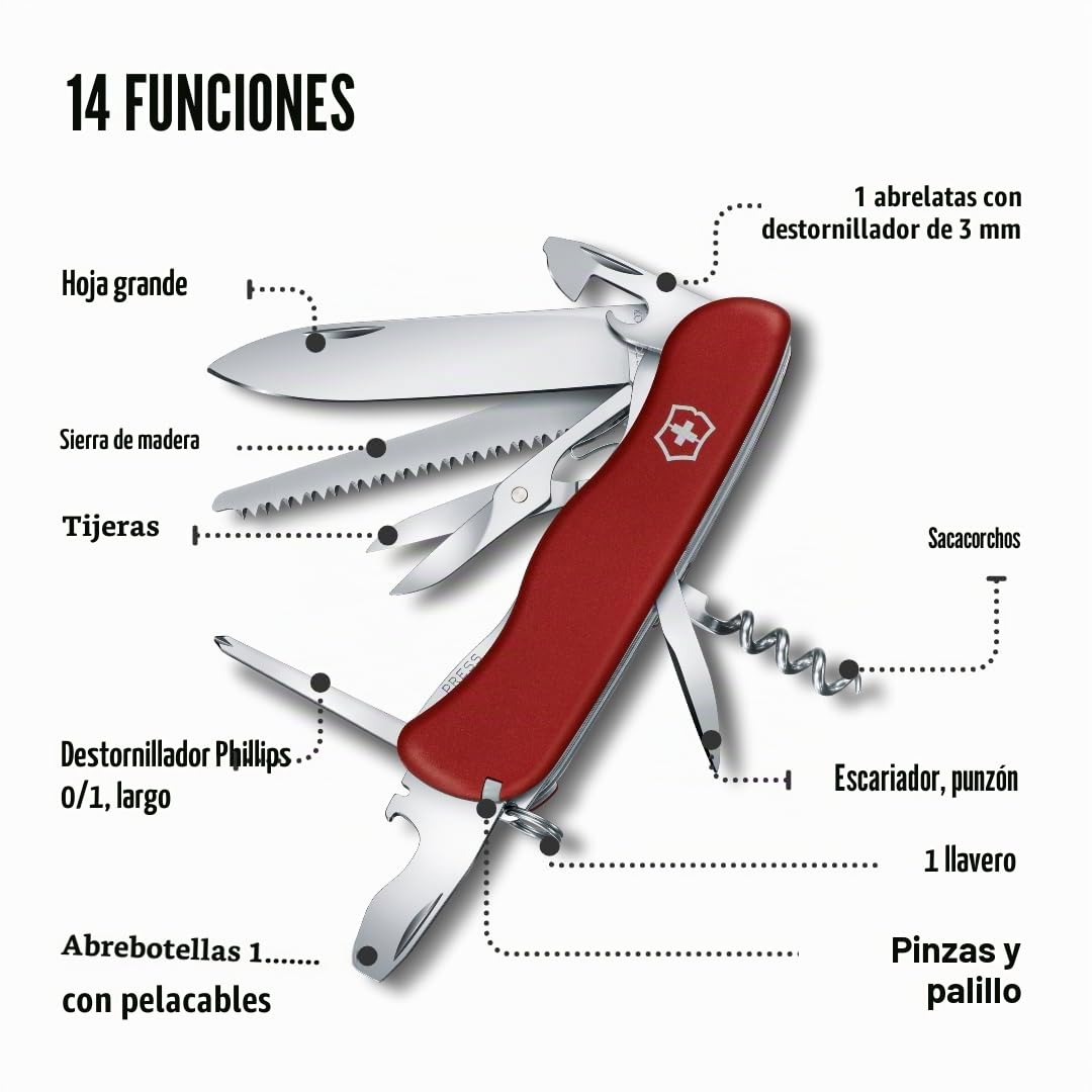 Victorinox, Outrider, Navaja Multiuso Suiza, Cuchillo bolsillo, Regalo, 14 Funciones, Hoja grande, Abrelatas, Bloqueable