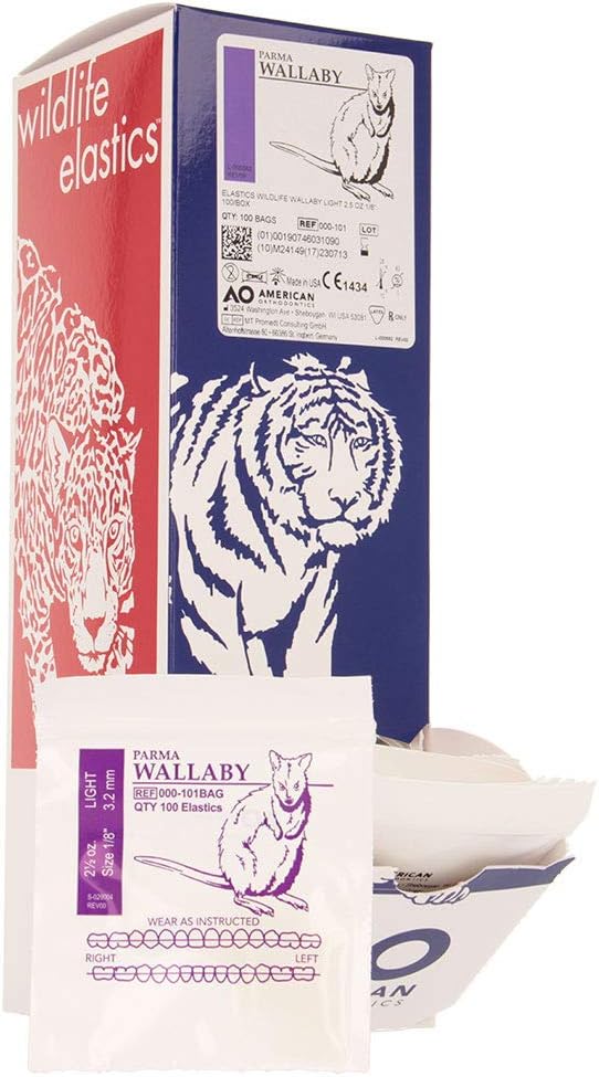 American Orthodontics Elastics Wildlife Wallaby | Light, 2.5 Oz, 1/8" Size, 100 Packs Per Box, 10,000 Elastics | Made in The USA | Exacting Dimensions, Precision Cutting, Top Quality Latex Tubing