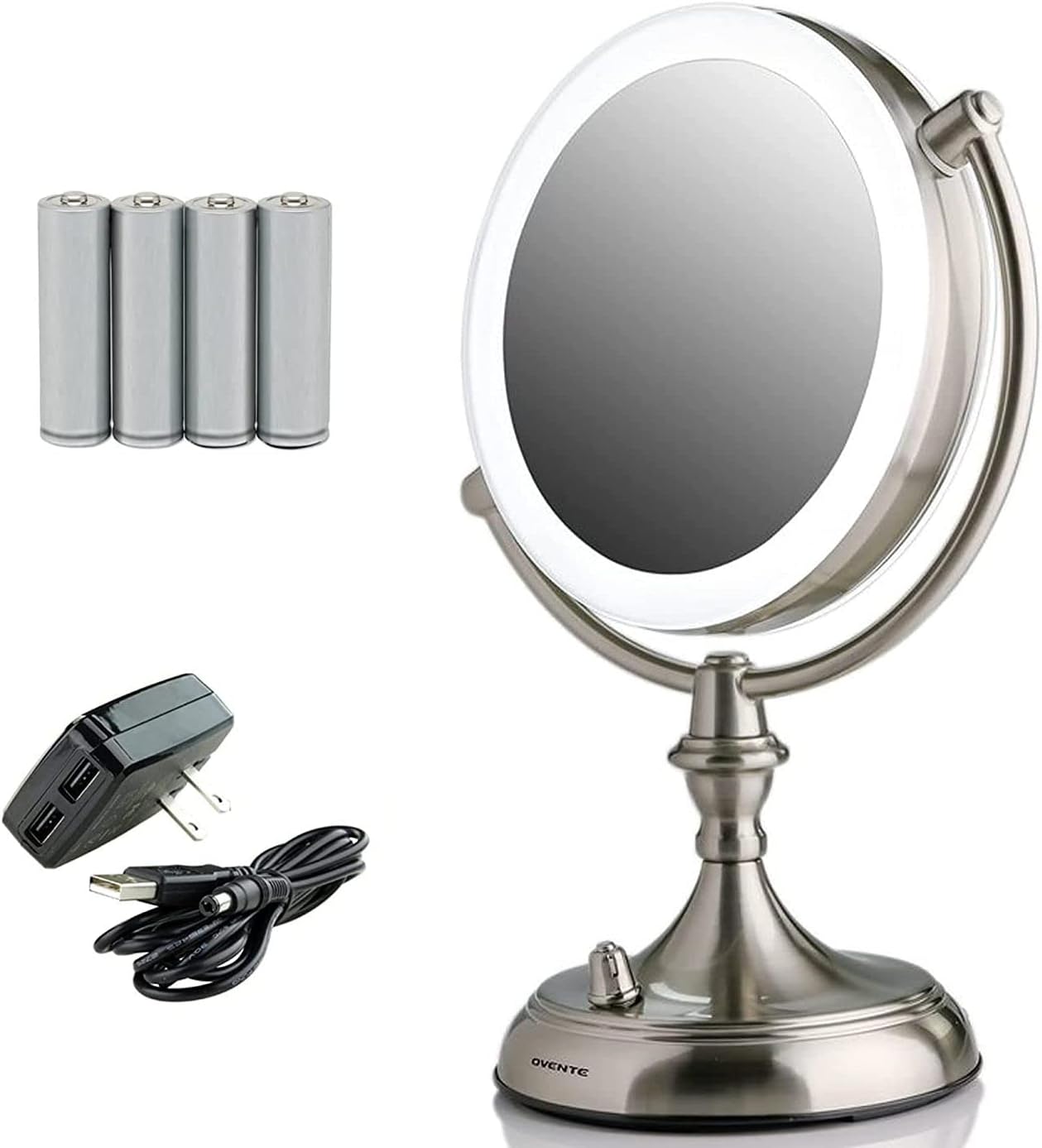OVENTE 7" Lighted Tabletop Makeup Mirror with 1X/10X Magnification, Double-Sided Magnifying Vanity Mirror with Dimmable LED Lights, 360° Swivel Design & Dual Power Supply, Nickel Brushed MGT75BR1X10X