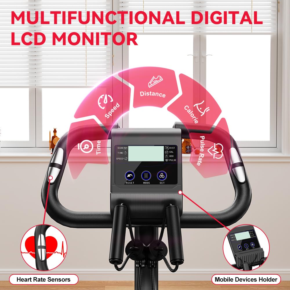 Cyclette pieghevole silenziosa (<20dB) 3 in 1 bicicletta stazionaria con 8 resistenze magnetiche, schermo LCD multifunzionale e supporto tablet, per uso domestico, altezza regolabile 155-190cm